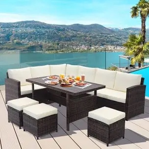Hinesville 7 Piece Rattan Lounge Dining with Cushions