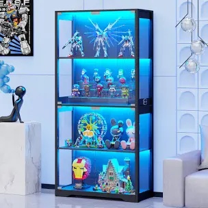 Glass Display Cabinet, Curio Cabinet, Bookcase with 3 Color LED Lights, Black