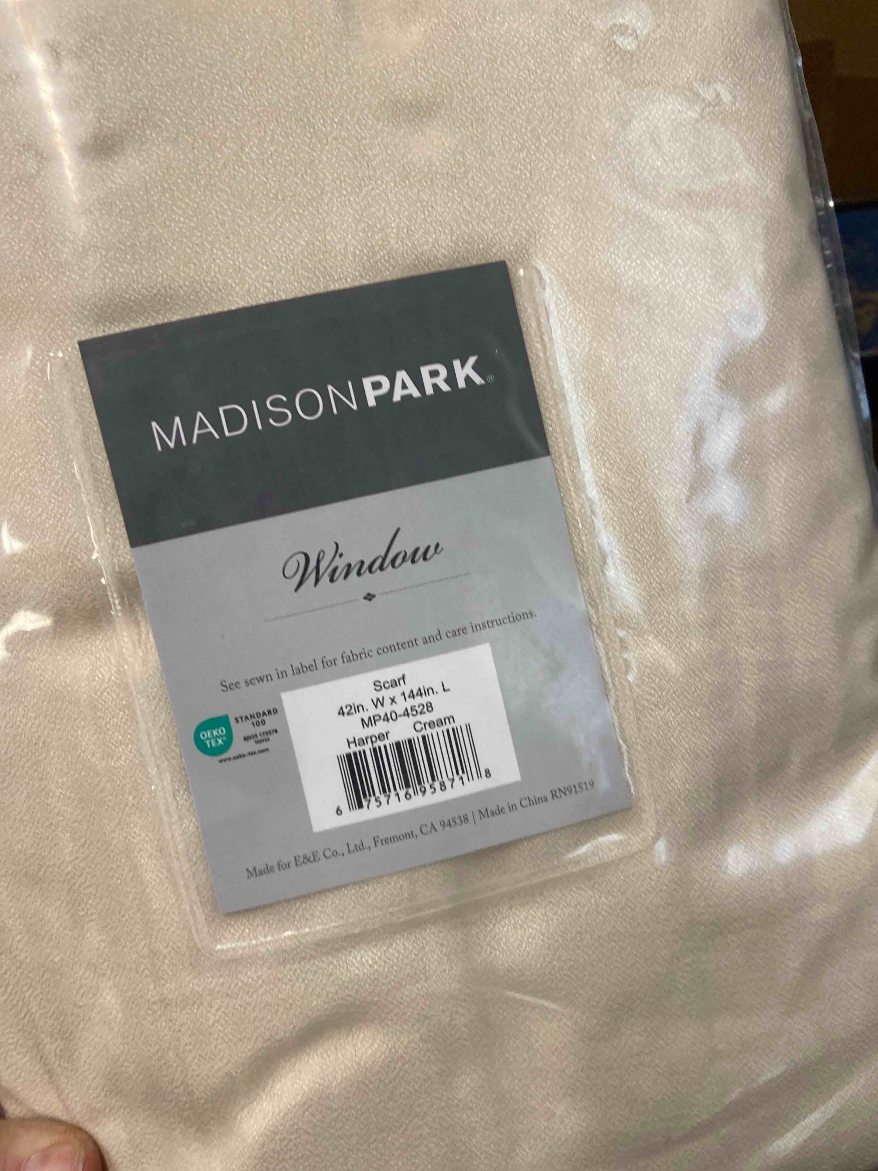 Condition photo showing New/Like New for 144"x42" avery solid crushed scarf sheer cream: madison park sheer window scarf, modern indoor curtain panel