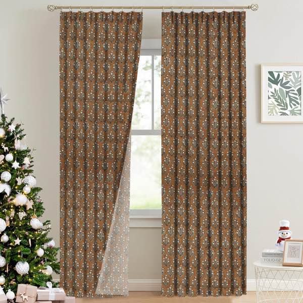 Hand Block Print Brown or Black Floral Pinch Pleated Curtain Home Oi