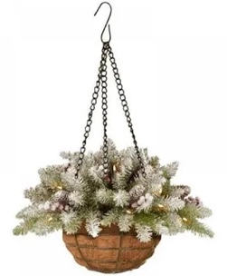 artificial christmas hanging basket, decorated with frosted pine cone
