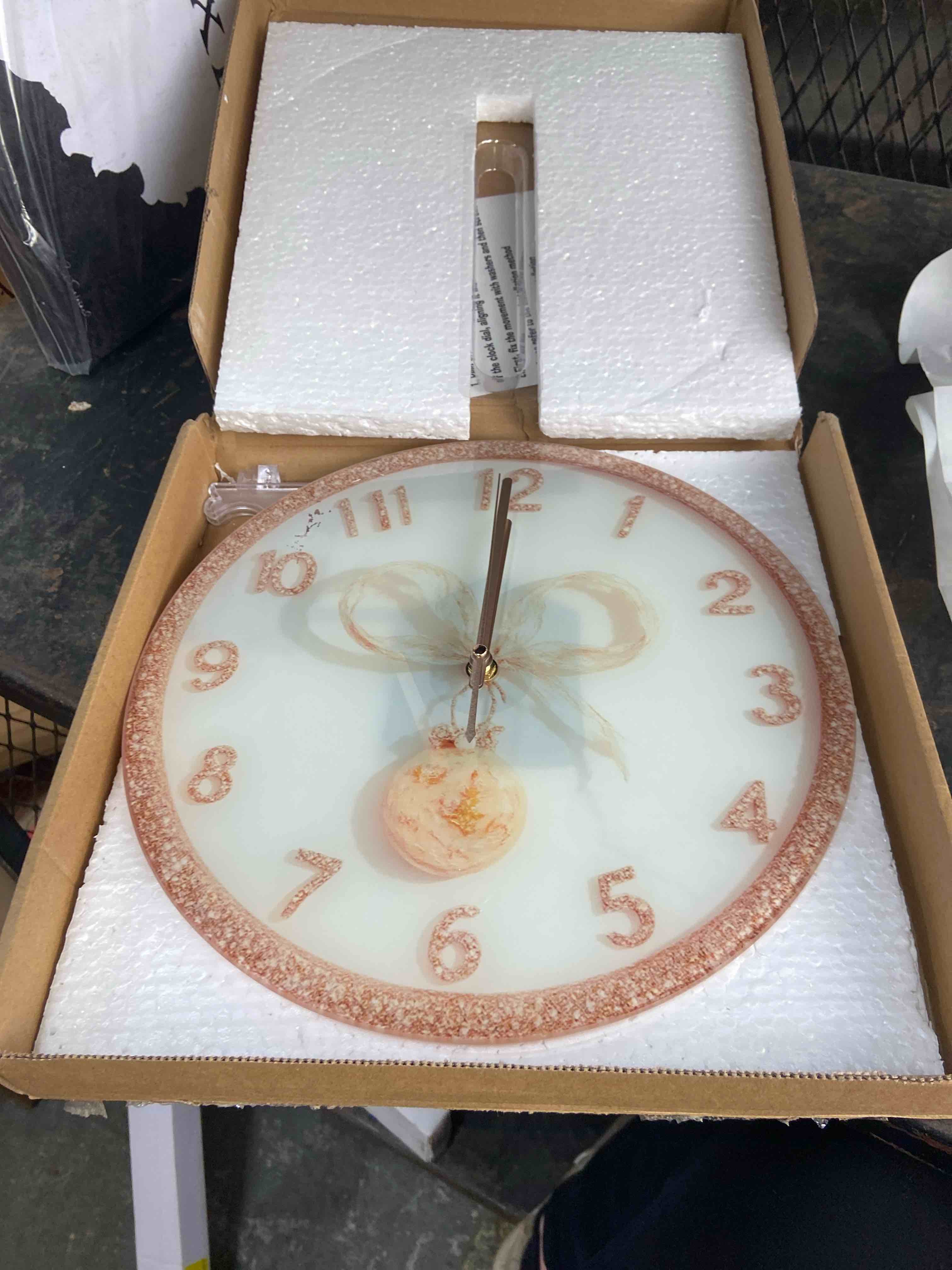 Condition photo showing New/Like New for 8-inch silent acrylic wall clock, glitter-clock-with-bow-and-bauble ” silent non-ticking clock, artistic home decor for kitchen bathroom bedroom living room office