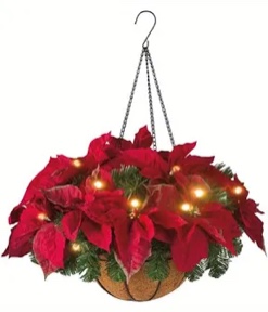 Christmas Artificial Hanging Flowers Basket, Pre Lit Artificial Poinsetti: