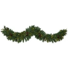 6 ft artificial christmas garland with lights, pine cones, berries,