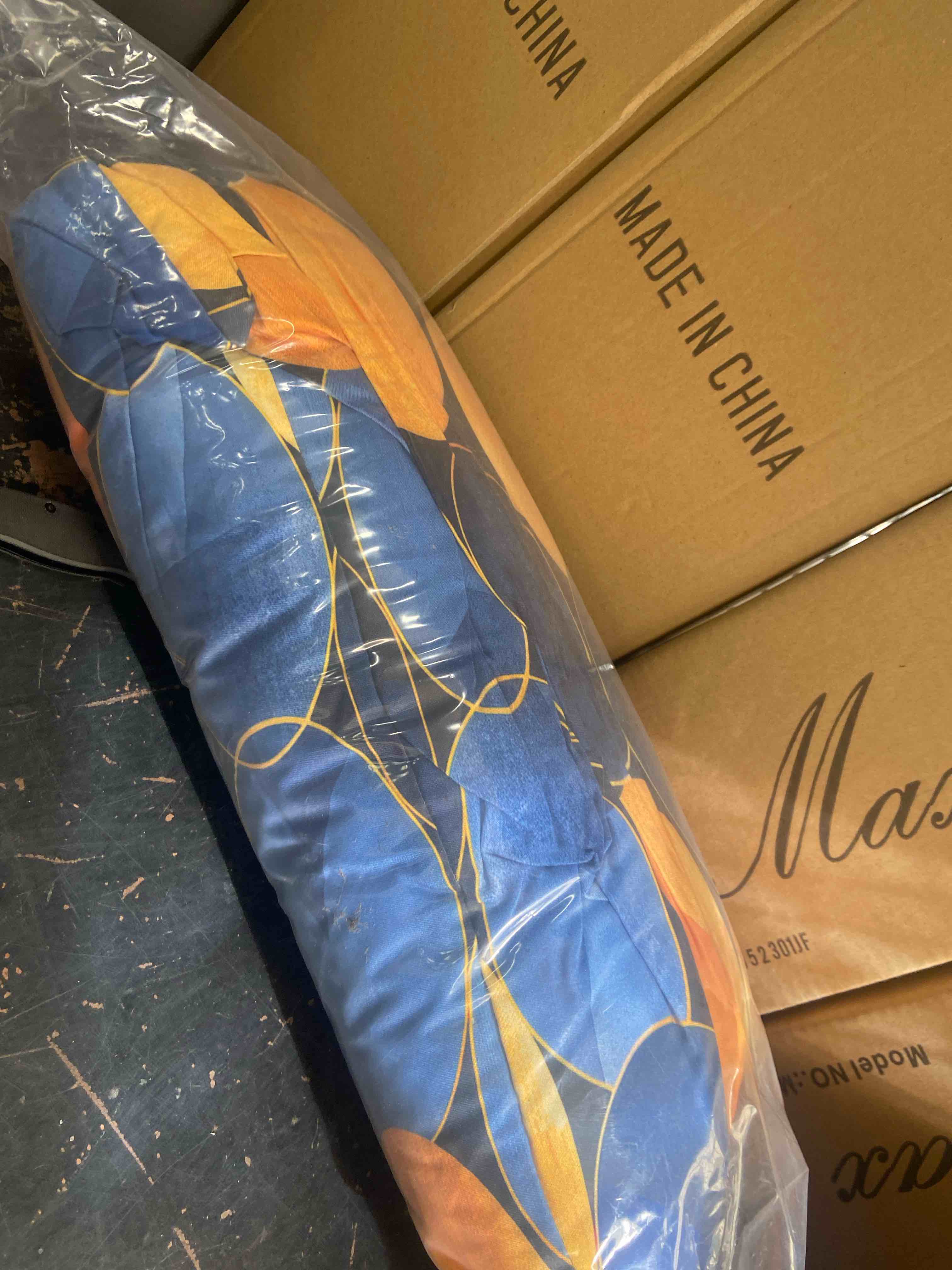Condition photo showing New/Like New for blue yellow modern circles v - modern lumbar pillow
