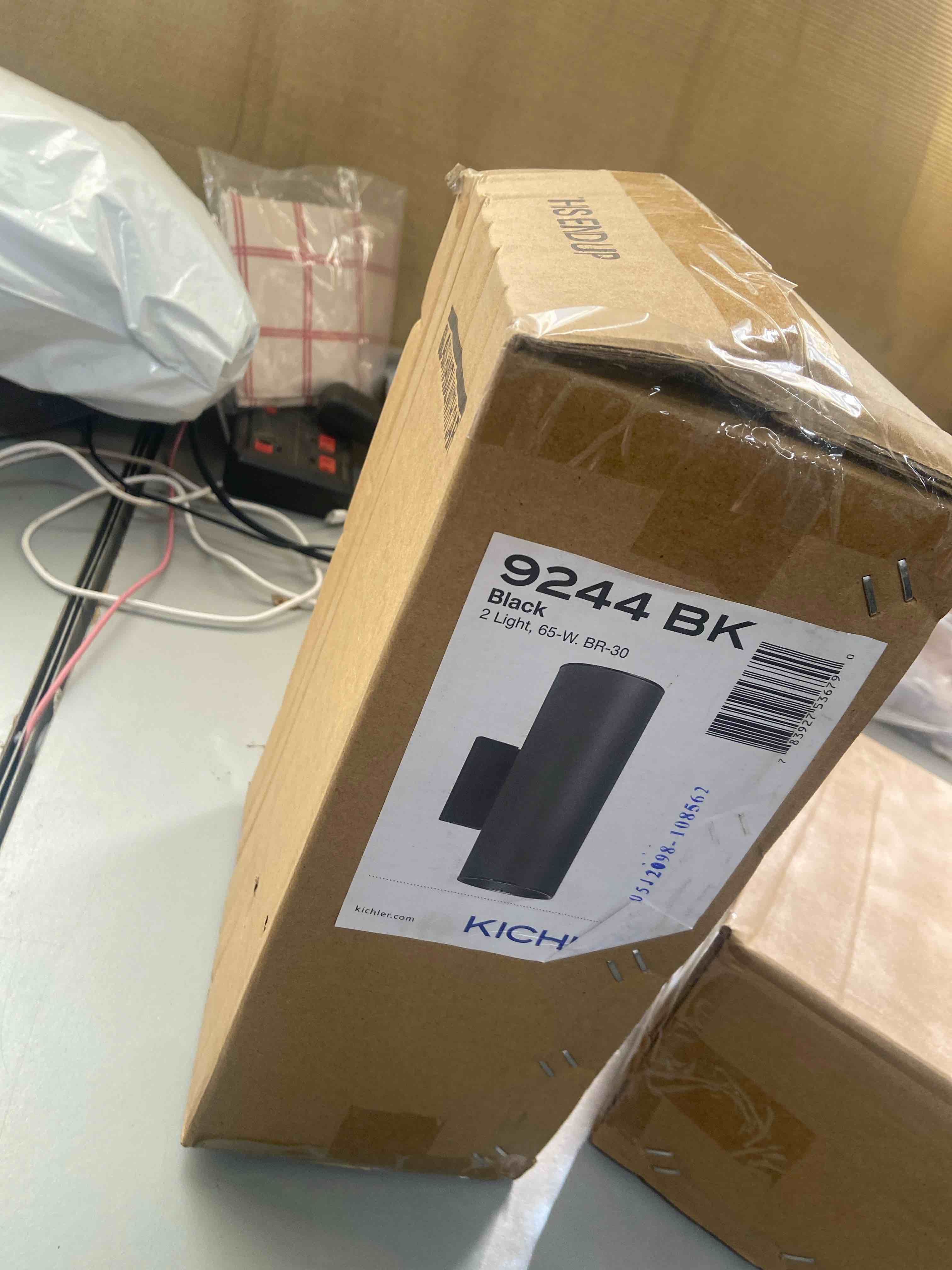 Condition photo showing New/Like New for kichler cylinders 12" outdoor wall sconce in black, 2-light exterior wall light, cylinder fixture, (12" h x 5" w) , 9244bk