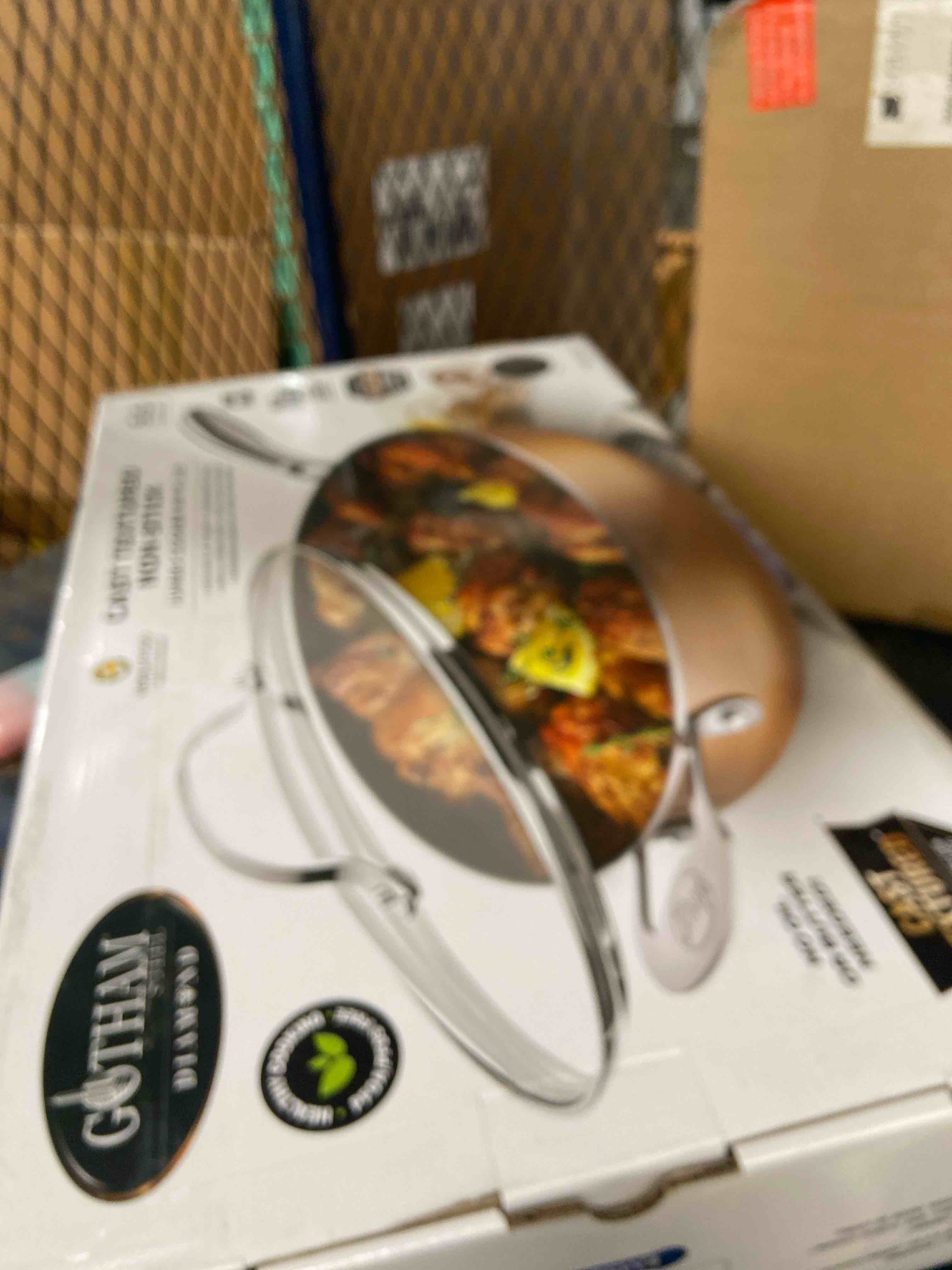 Condition photo showing New/Like New for gotham steel 5.5 qt saute pan with lid  diamond reinforced ceramic nonstick deep frying pan  large jumbo cooker frying skillet with stay cool handles  oven & dishwasher safe  brown