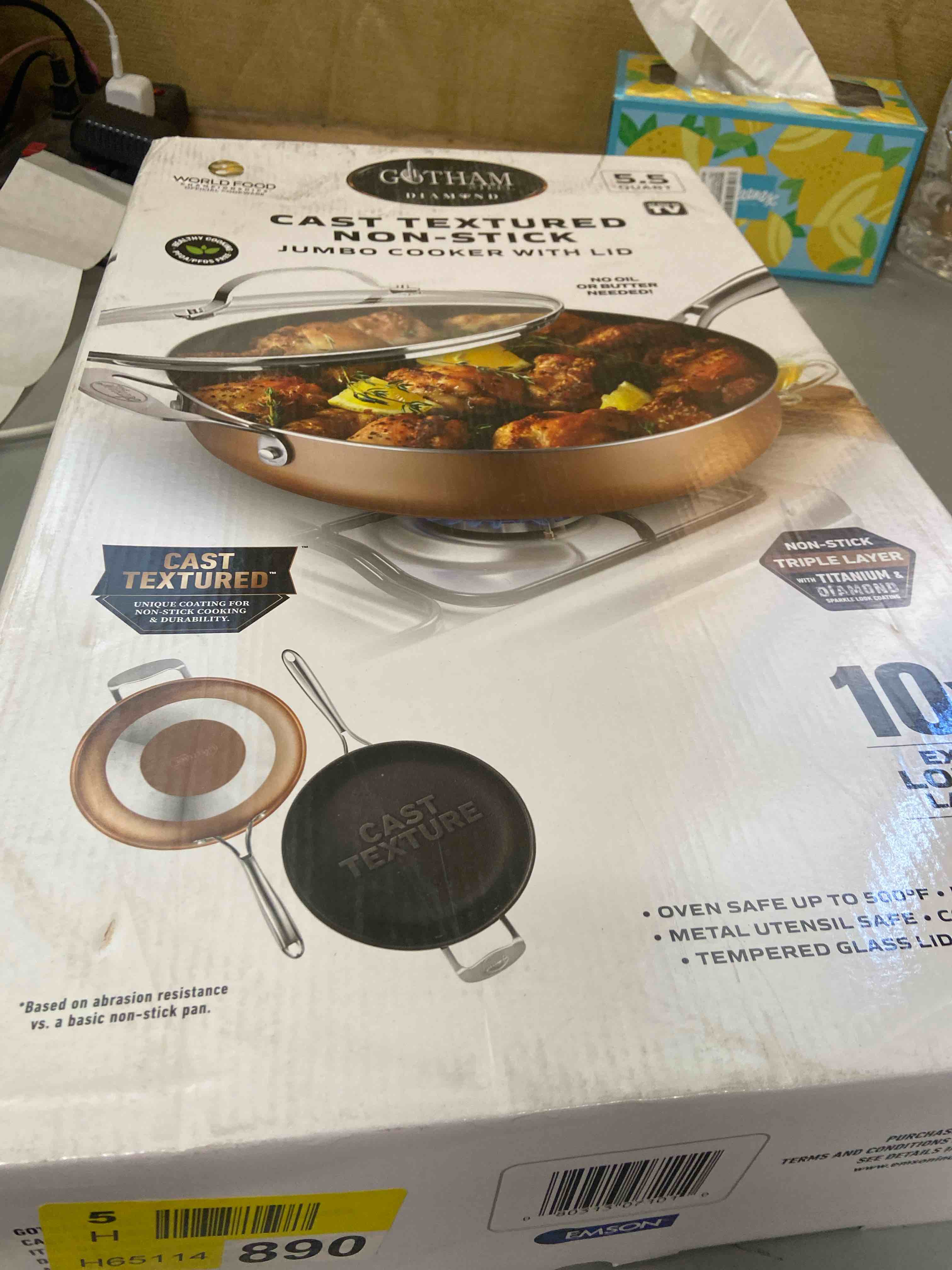 Condition photo showing New/Like New for gotham steel 5.5 qt saute pan with lid  diamond reinforced ceramic nonstick deep frying pan  large jumbo cooker frying skillet with stay cool handles  oven & dishwasher safe  brown
