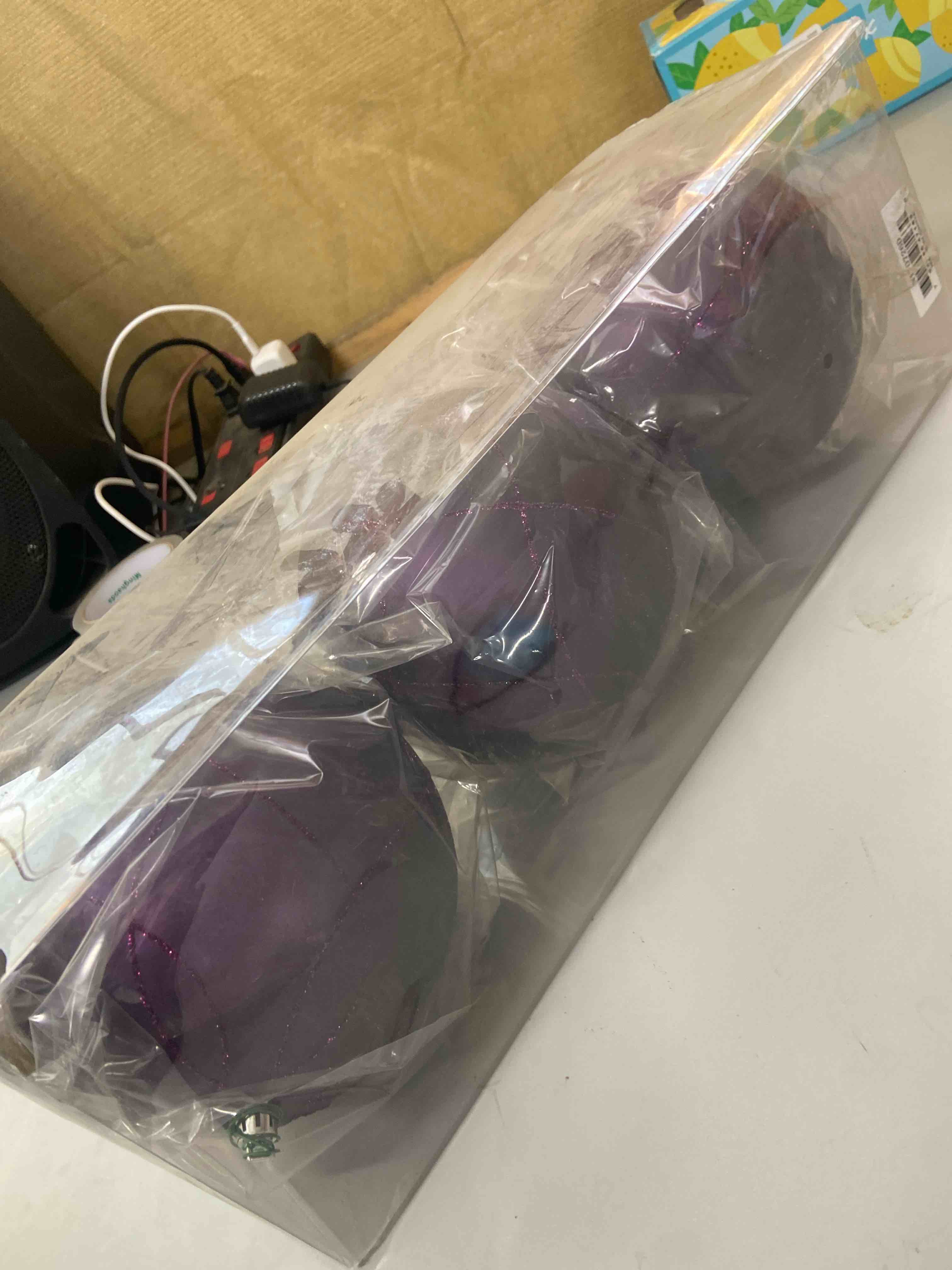 Condition photo showing New/Like New for vickerman 6" plum matte and glitter swirl ball ornament, 3 per box