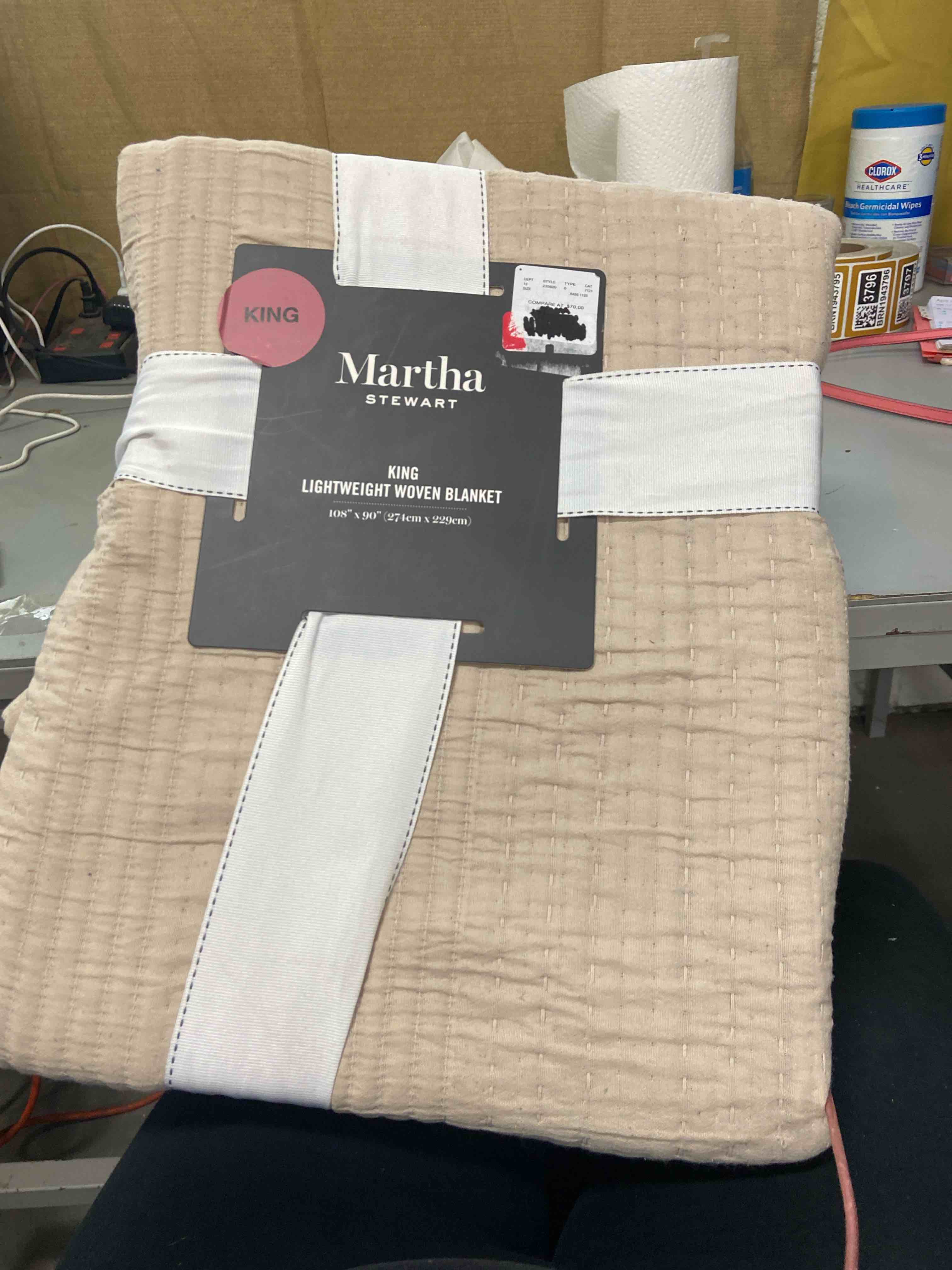 Condition photo showing New/Like New for martha stewart - king bed blanket, 100% cotton textured basket weave bedding, breathable & lightweight blanket for couch or bed, bedford tile pink