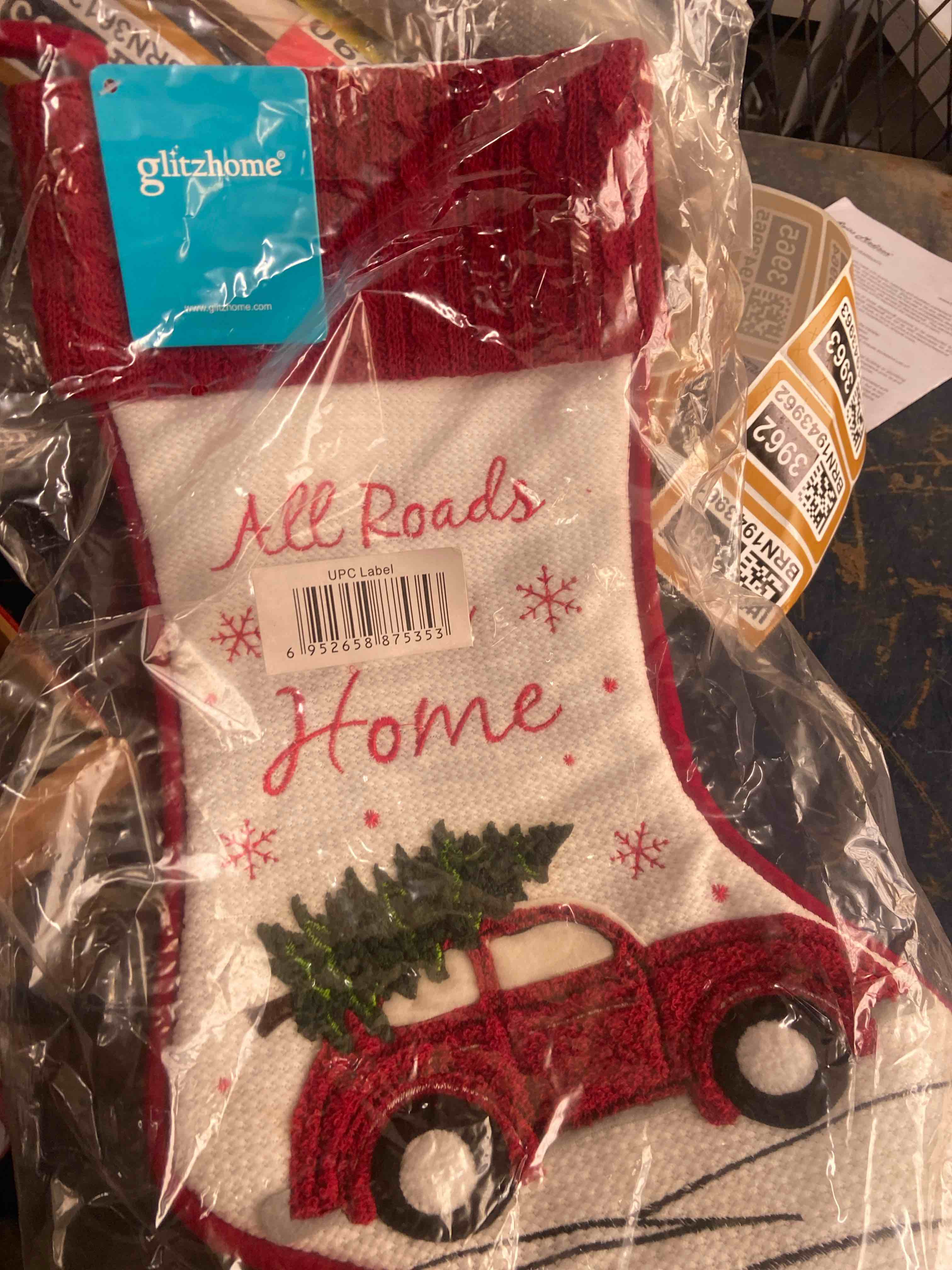 Condition photo showing New/Like New for glitzhome fabric christmas stocking - red truck