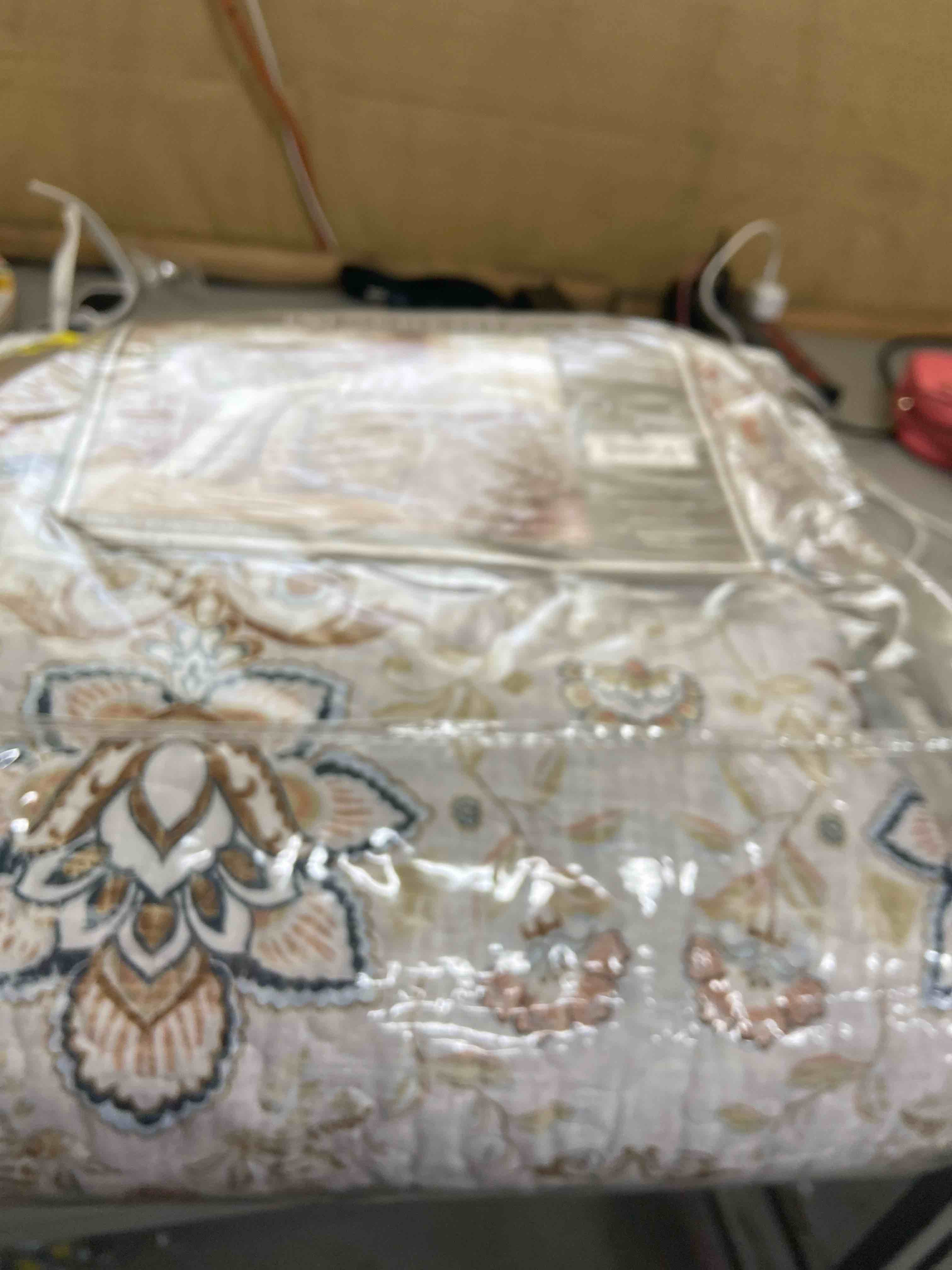 Condition photo showing Good Condition for home soft things la boheme 5 piece quilted printed bed spread cover oversize king 122" x 106" quilt set with decor shams pillows, taupe white lightweight reversible coverlet bedding set