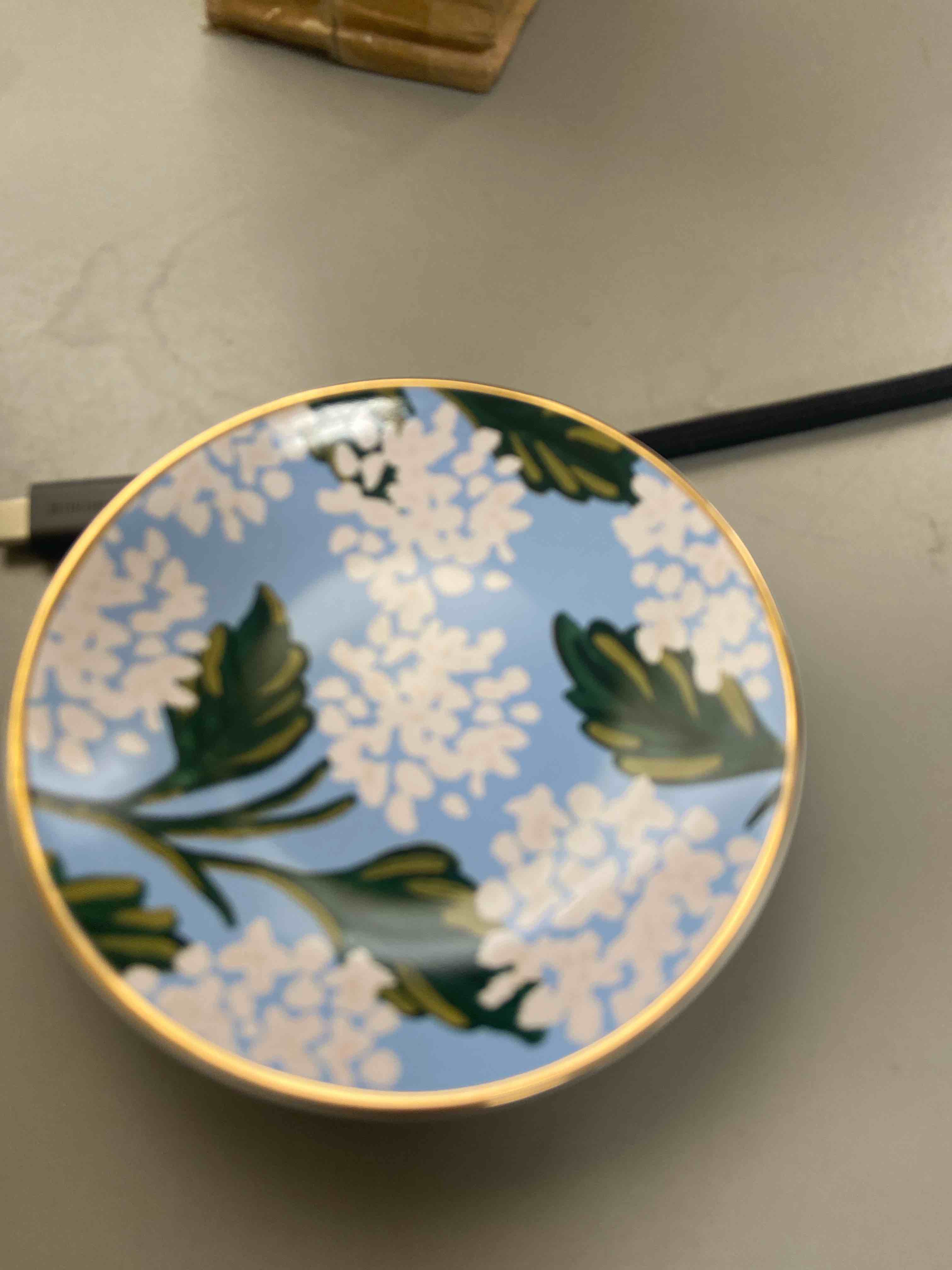 Condition photo showing New/Like New for rifle paper co. hydrangea ring dish, protect your trinkets and jewelry, minimize loss, organize desk, small item security, keep valuables safe and visible, cute and fashionable