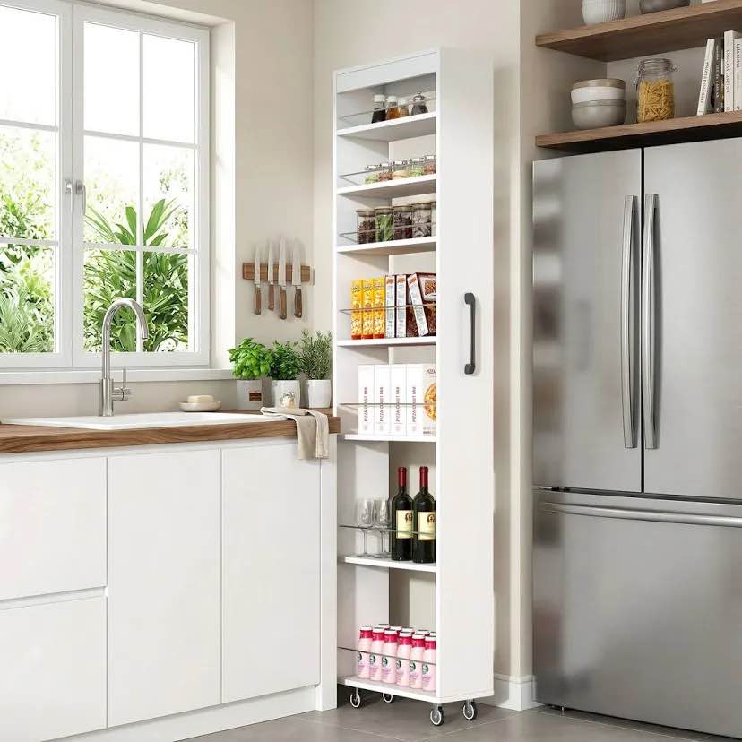 7-Tier 68" Pull-Out Pantry Cabinet, Narrow Space Storage Organizer with Wheels, Multi-Functional Open Shelf for Kitchen, Living Room, Bathroom