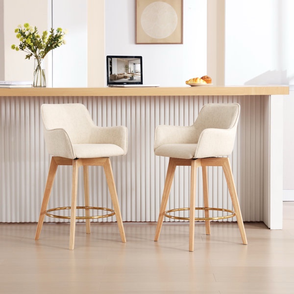 lovetro swivel full back arms upholstered 25.8"h counter stool with solid rubberwood frame and gold footrest (set of 2)