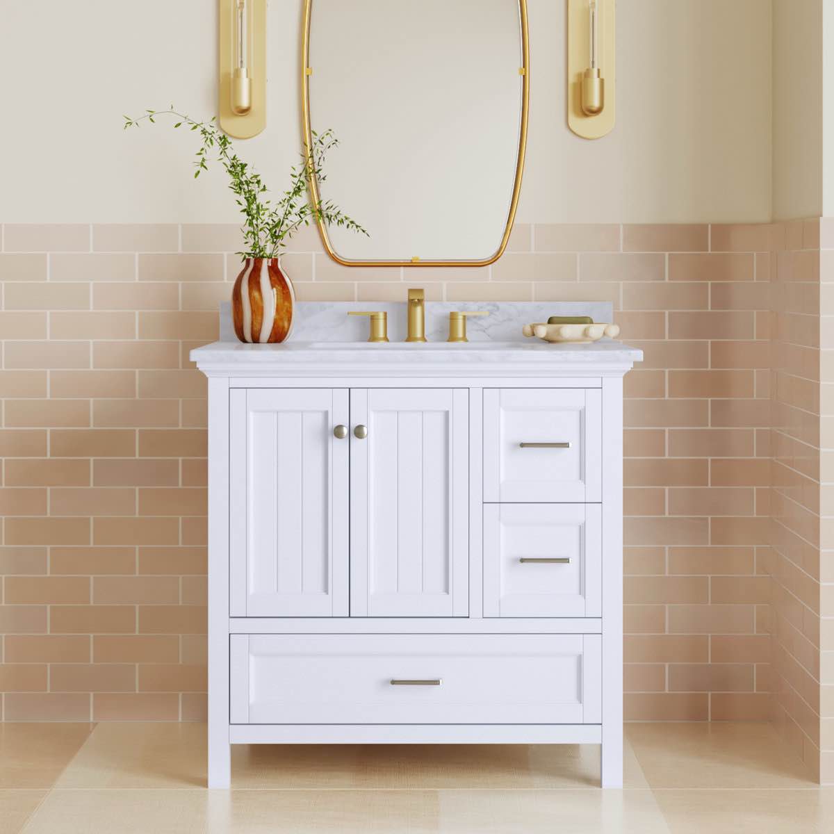 Maven 36'' Single Bathroom Vanity in White with Carrara Marble Countertop (Top has hairline crack, can be sealed) 35'' H X 36'' W X 22'' D