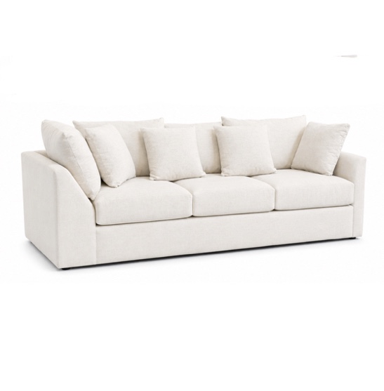 Condition photo showing New/Like New for 93" linen sofa with throw pillows - (item is listed new/like new, but it is noted that there is some minor damage to the bottom of both sides, does not affect the function)
