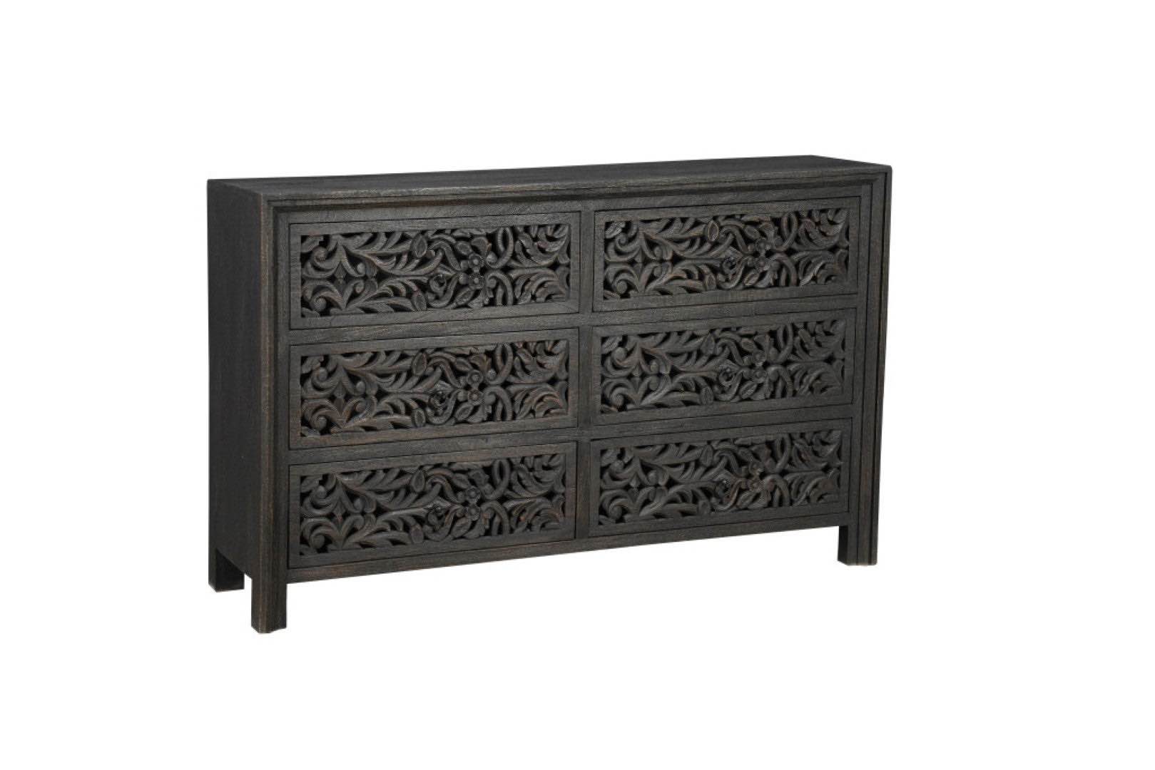 Condition photo showing New/Like New for 57" black solid wood six drawer dresser by home roots