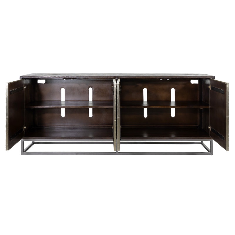 Condition photo showing New/Like New for tahir 86" mango wood 4-door cabinet with silver cladded pattern door facades & grey metal base - scratch and dent item