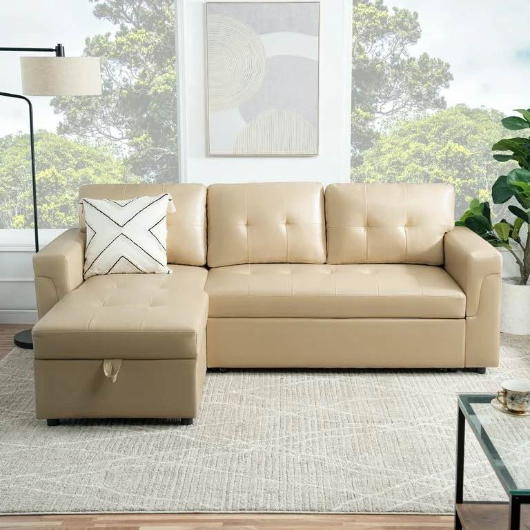 Naomi Home Perry Modern Sectional Sofa with Storage Chaise-Color:Beige Velvet