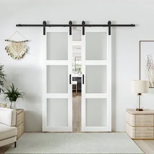 3 lite The Frosted Glass Paneled Double Sliding Barn Doors with Installable 