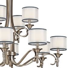 Antique Pewter  12 Light, 80-W. Candelabra  Satin Etched White Inner Glass with White Organiza Outer Shades