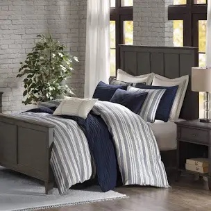 Madison Park Signature Cozy Comforter Set - All Season Bedding Combo Filled Insert and Removable Duvet Cover, Shams, Decorative Pillows, Stripe Blue King (110 in x 96 in) 10 Piece
