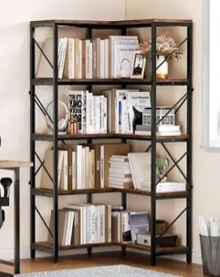 5 Tier Corner Bookshelf Tall Corner Bookcase with 4 Hooks L-Shaped Storage