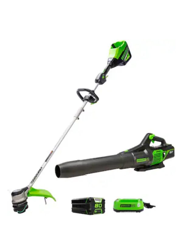 Greenworks - 80 Volt 16-Inch Cutting Diameter Straight Shaft Grass Trimmer and Axial Blower (1 x 2.0Ah Battery and 1 x Charger) - Green