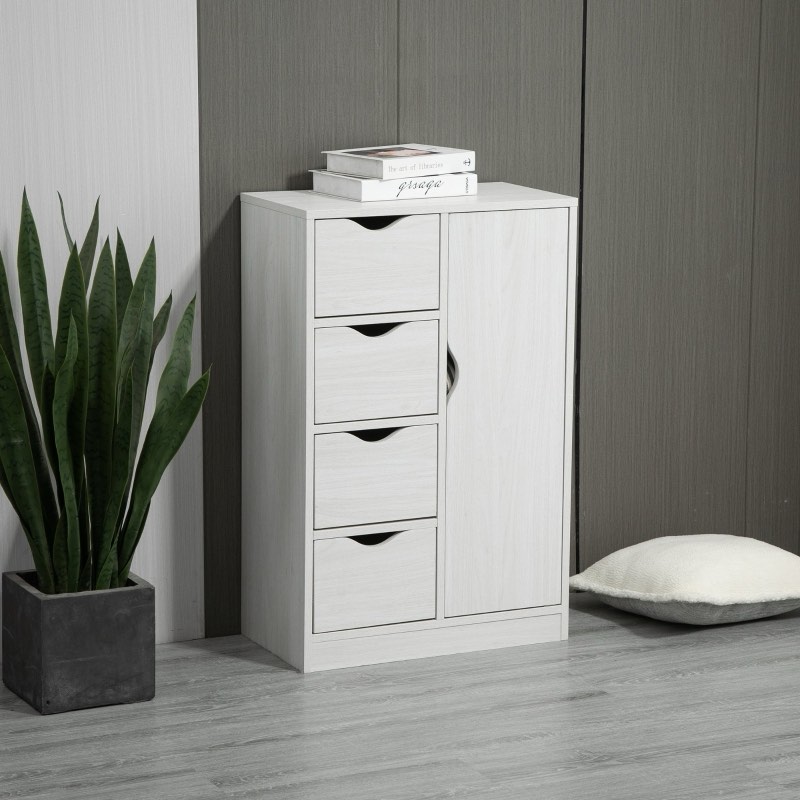 HOMCOM Freestanding Storage Cabinet, Bathroom Floor Cabinet with 4 Drawers and Door, White Wood Grain