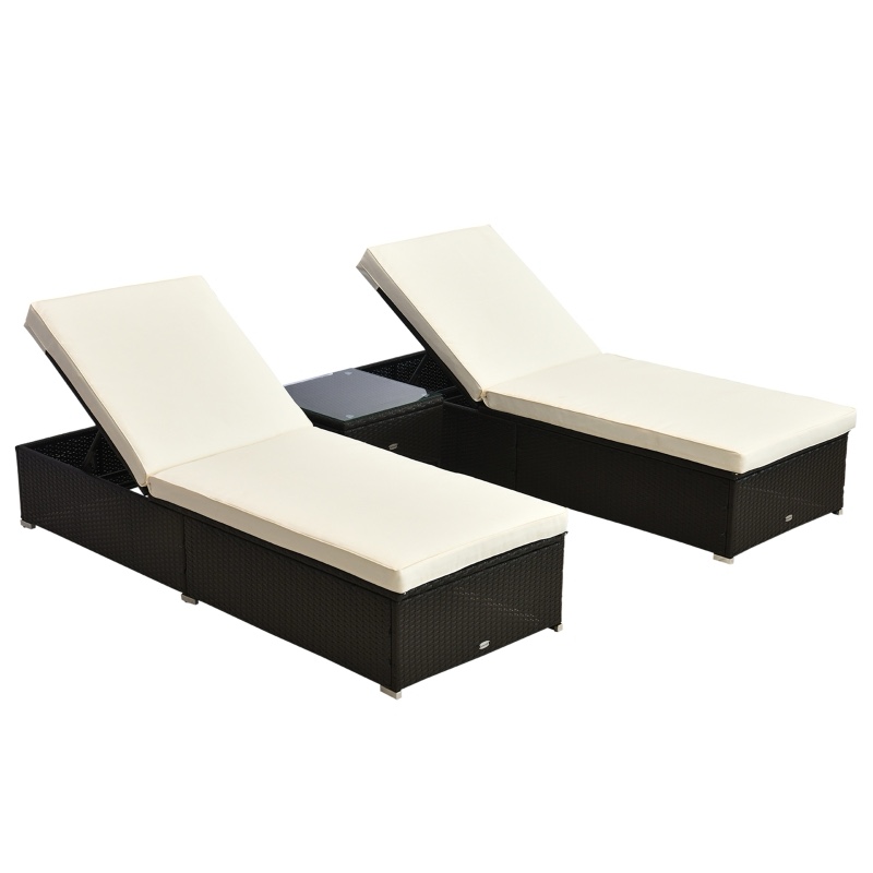(Box 1 of 2 Only) Outsunny Chaise Lounge Chair Set of 2 with 5 Angle Backrest, Outdoor Coffee Table, Water Repellent Cushions, PE Rattan Wicker Poolside Chairs, 3-Piece Pool Furniture Set, Cream White