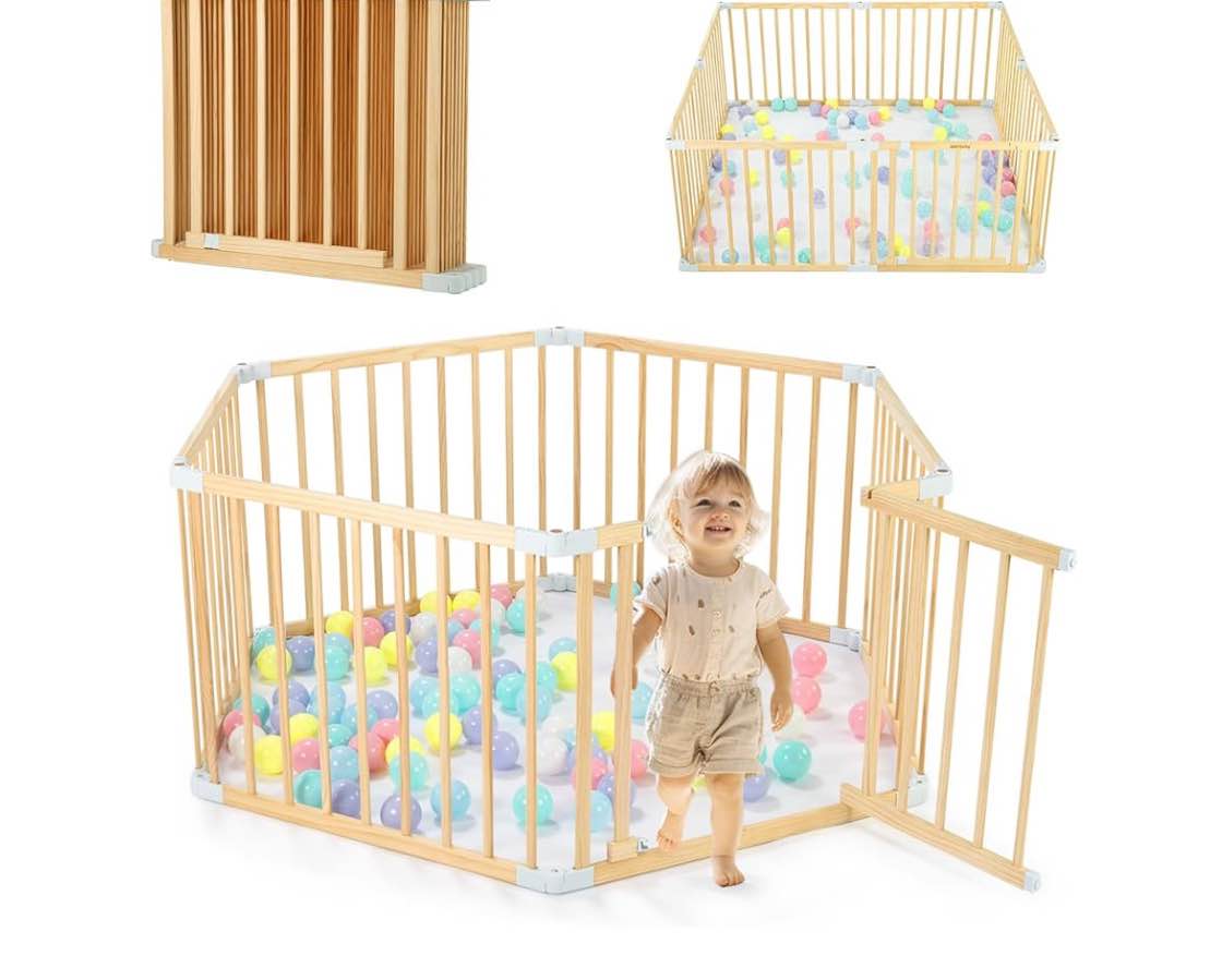 Wooden Baby Playpen with Door, Changeable & Expandable Baby Play Fence for Toddlers, Large Wood Playpen Safety Baby Gate Playard, Safe Play Area Kids Activity Center Indoor Outdoor(26" Tall, 6-Panel)