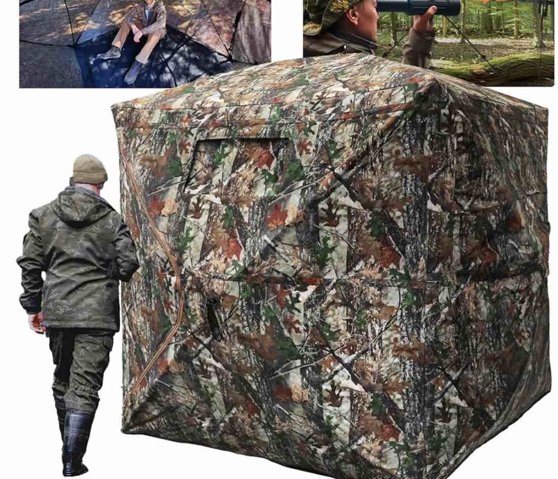 Hunting Blind with Floor Mat, 360 Degree See Through Ground Blind for Deer Hunting, 2/3/4 Person Pop Up Camouflage Tent for Deer and Turkey