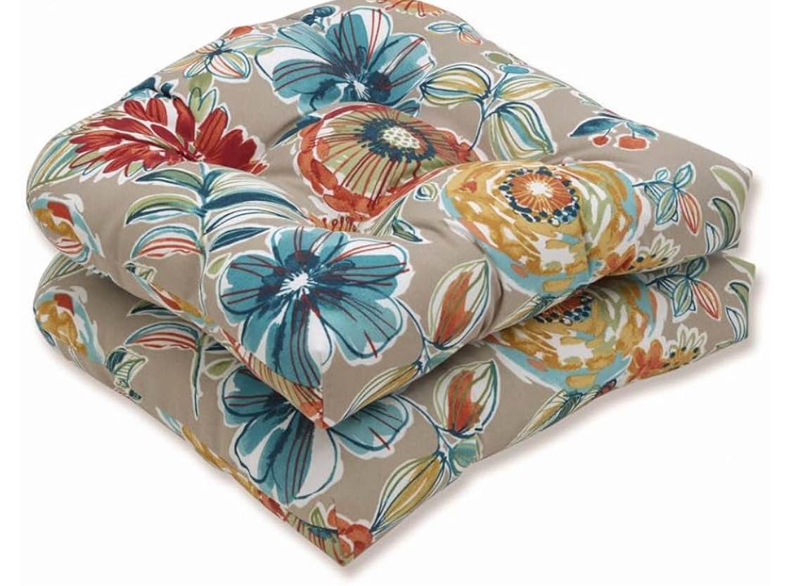 Pillow Perfect Floral Indoor/Outdoor Wicker Chair Seat Cushion Tufted, Weather, and Fade Resistant, 19" x 19", Tan/Blue Colsen 2 Count