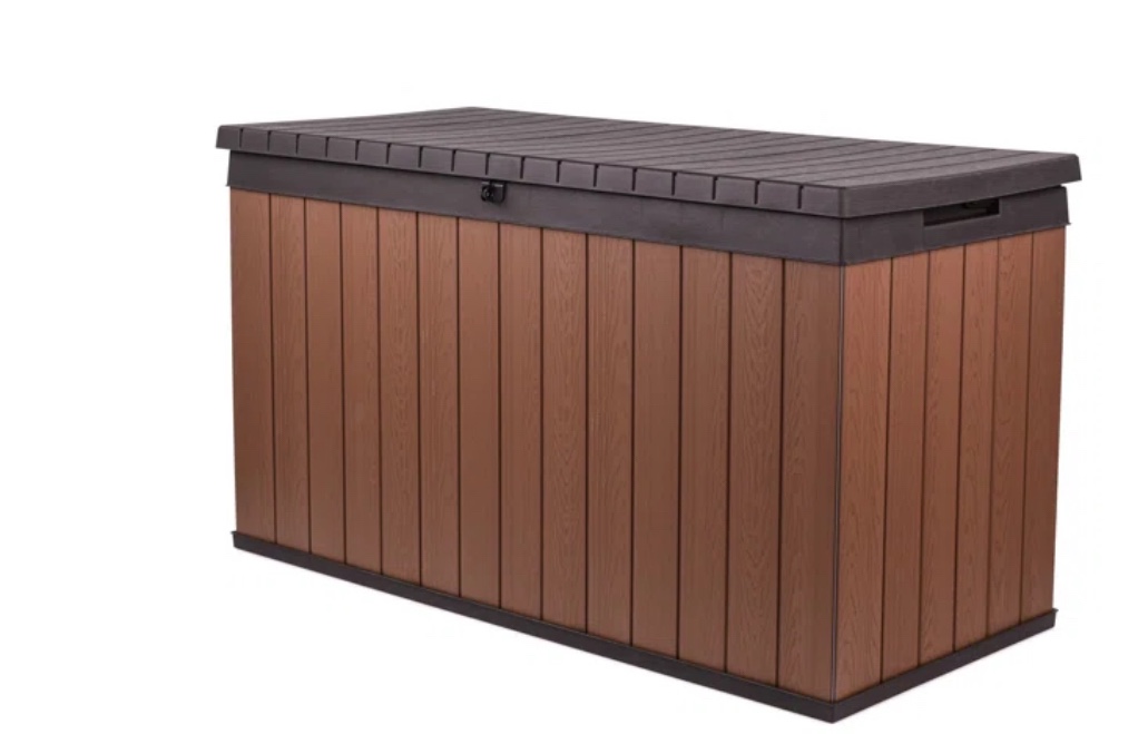 Keter Darwin 150 Gallon Resin Large Deck Box - Organization and Storage for Patio Furniture, Outdoor Cushions, Garden Tools and Pool Toys, Brown & Black