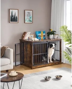 XL Large Dog Crate Furniture, Indoor Dog Kennel Furniture with Barn Door, Wooden Tall Dog Crate, Heavy Duty Dog Cage for Large Dogs, Side End Table, Anti-Chew