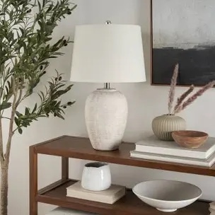 Nourison 23" Distressed Cream/Beige Rustic Ceramic Jar Table Lamp for Bedroom, Living Room, Dining Room, Office, with Ivory Shade