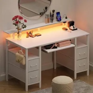 computer desk with monitor stand & charging station, gaming desk with led lights &  drawers