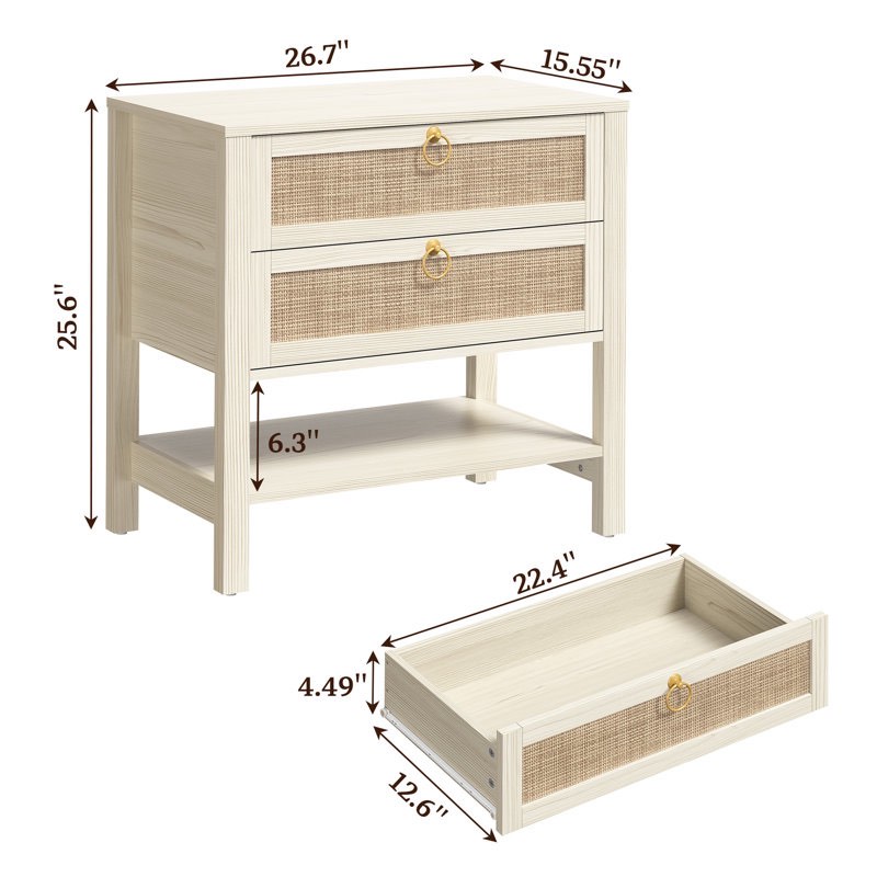 Pomodoro Rattan Nightstand With 2-Drawer And 1 Open Shelf