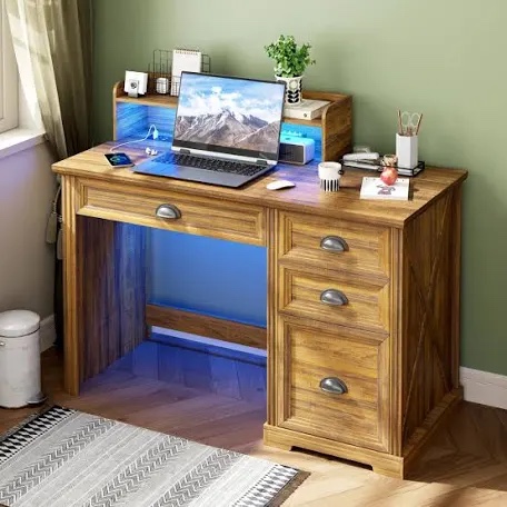 Home Office Desk With Drawers And Usb Ports, Rustic Writing Computer Table With Led Light