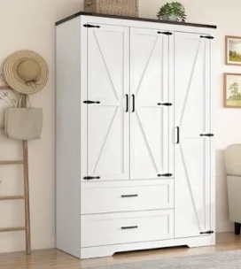 Farmhouse 3 Door Armoire Wardrobe With 2 Drawers And Hanging Rod