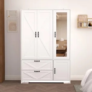 Farmhouse 3 Door Armoire Wardrobe With 2 Drawers And Hanging Rod
