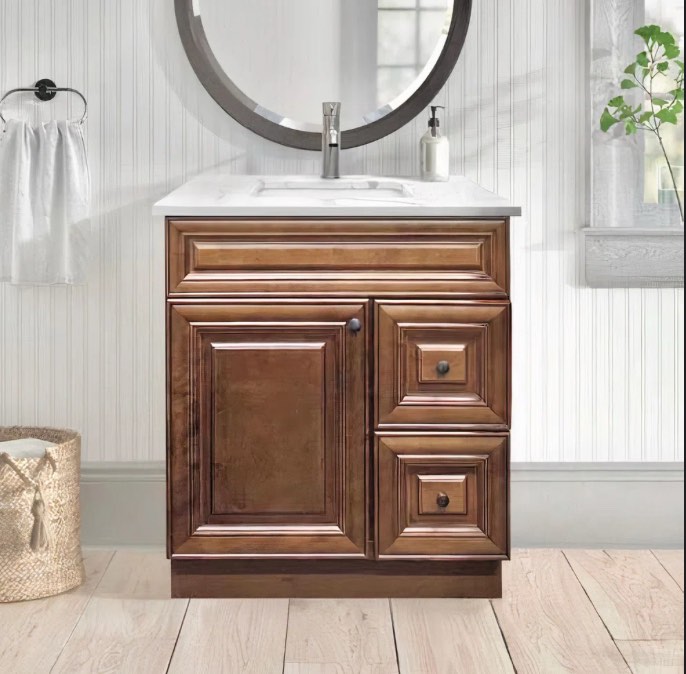 30'' Bathroom Vanity Sink Base with Drawers Cabinet in Maple Walnut with sink top 