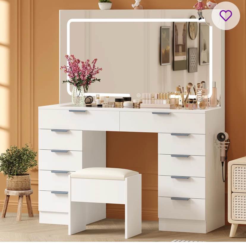 46" LED Vanity Desk with Power Outlet & Mirror - Modern Makeup Vanity Set with Glass Top, Adjustable Lighting, Magnifying Glass, Hairdryer Holder, 10 Drawers, Stool, Dressing Table Set for Bedroom