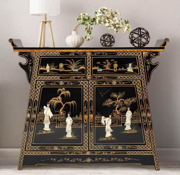 Black Lacquer Royal Ladies Altar Accent Cabinet minor damage but can be repaired 