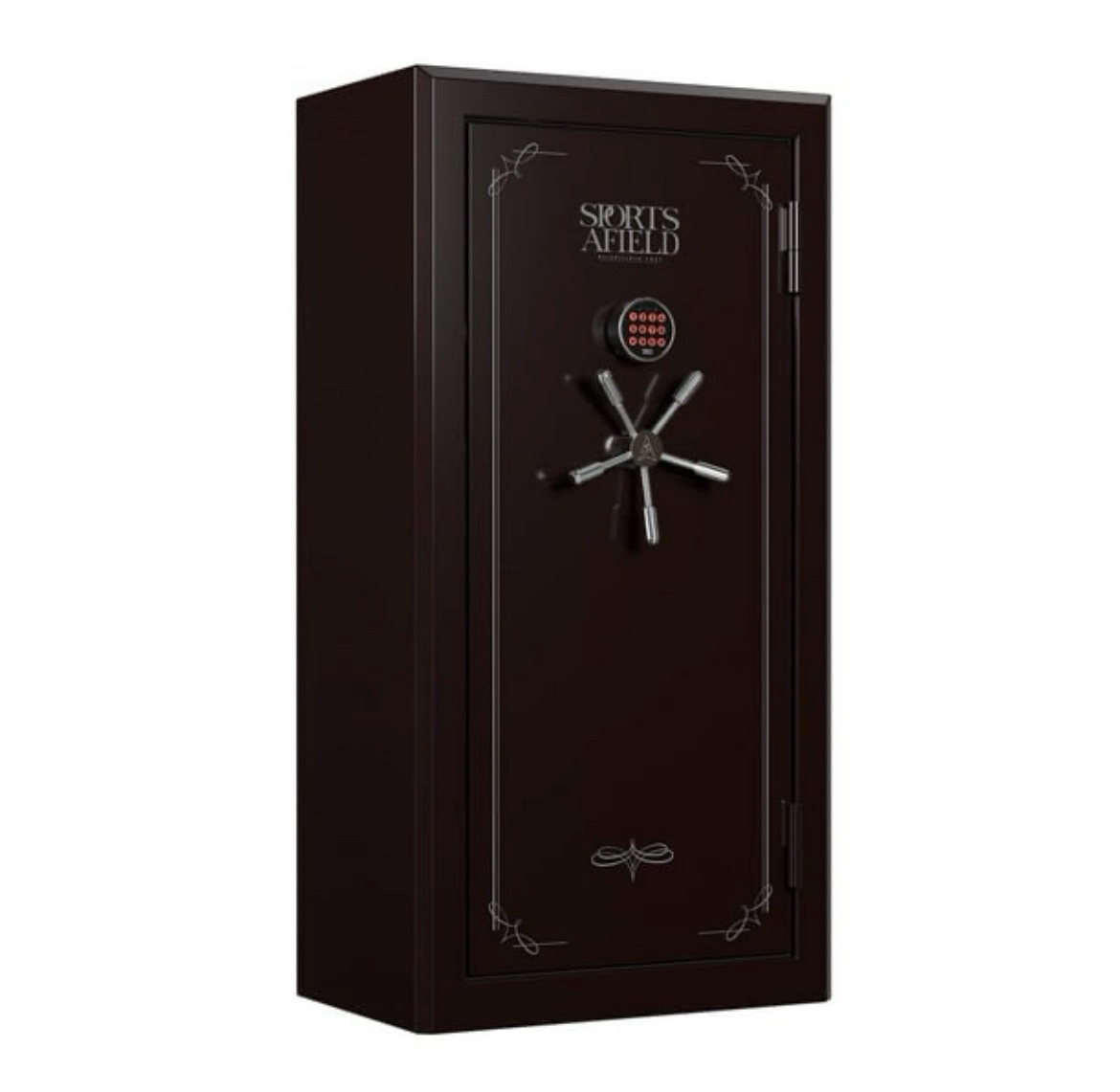 Sports Afield 32-Gun Fireproof and Waterproof Safe with Electronic Lock - minor dent on front left bottom of safe, does not affect functionality, minor scrapes/scratches on back. Handle and keypad needs replaced, universal keys are included. 