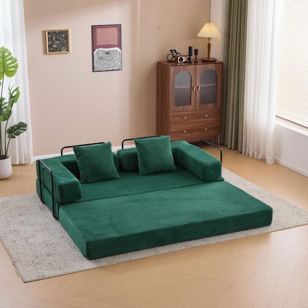 Dark Green Corduroy Fabric 3 Layer Fold Out Convertible Sofa Bed, Black Metal Braces for Easy Set Up. No Assembly Required