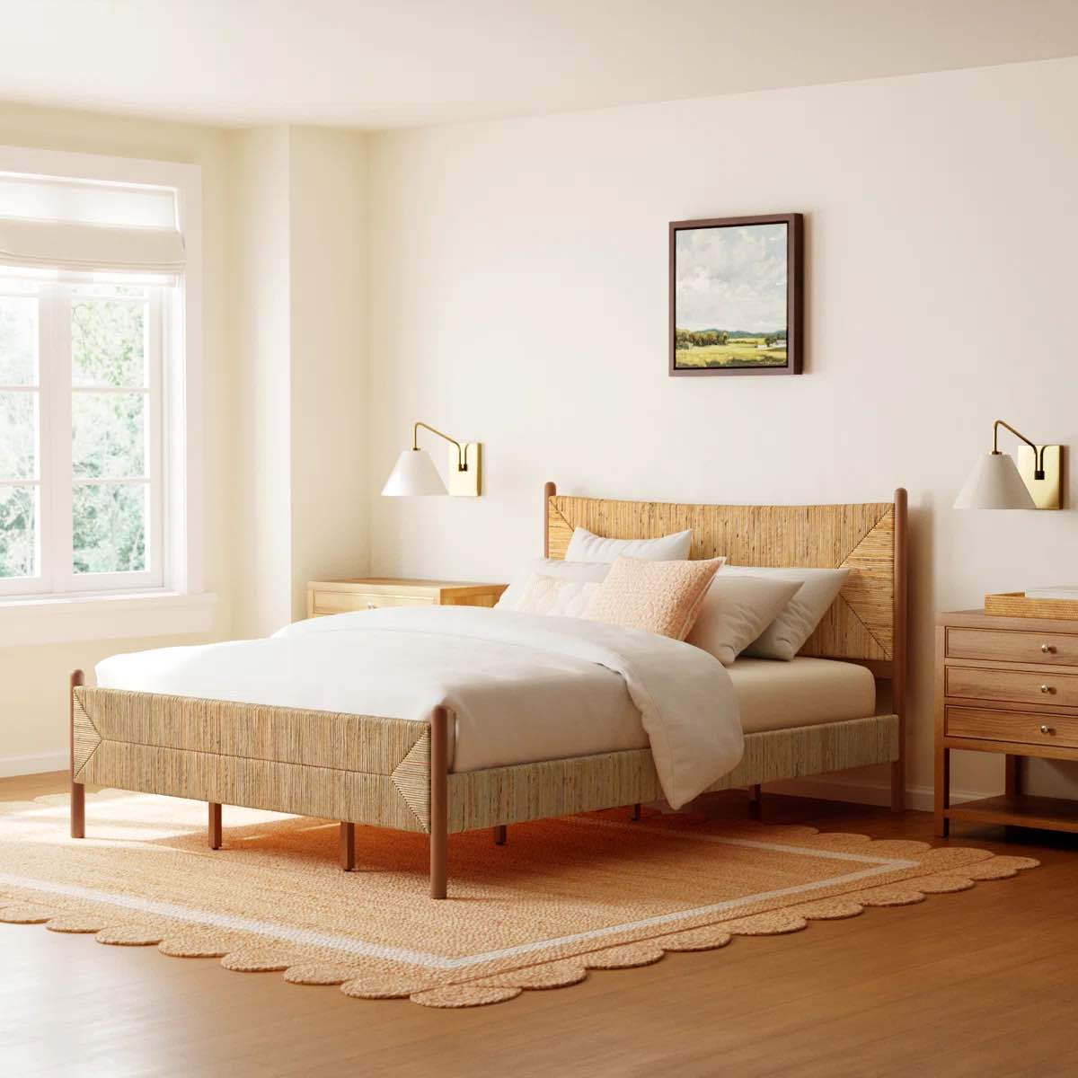 Emele Queen Size Banana Stem Woven Bed with Mahogany Wooden Frame. Some fraying of leaf on headboard, minor scuffs/scratches on legs. All Pieces included, hardware sold separately can be purchased through any local hardware store.