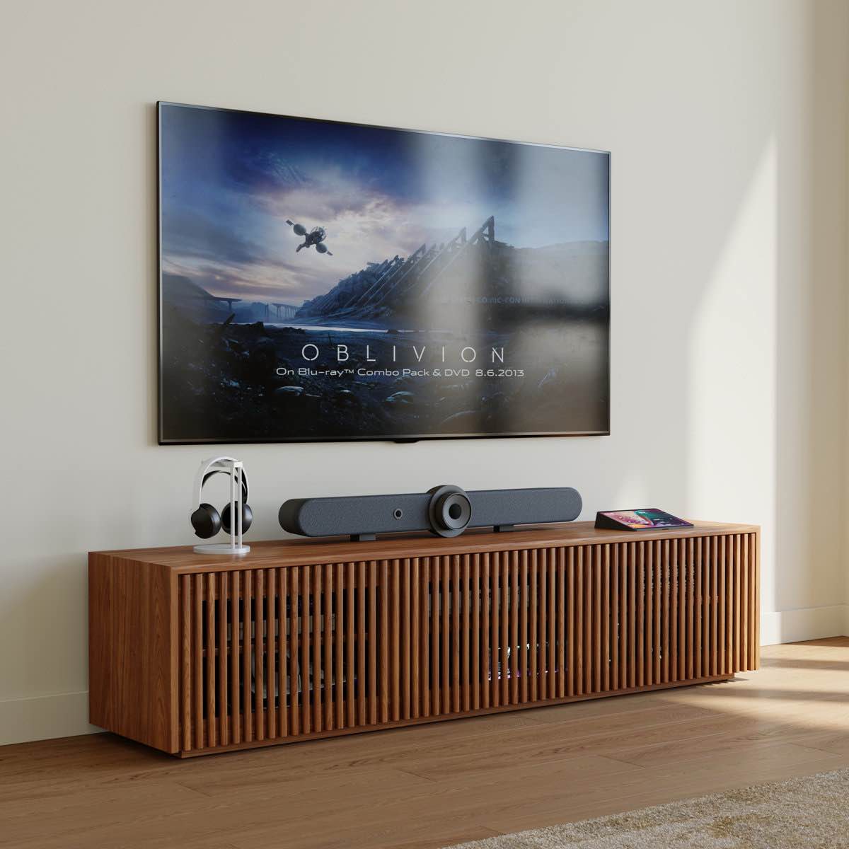 Hiramani Medium Brown Ash Wood TV Stand with 3 Single Shelf Slatted Cabinet Doors, for TVs up to 88". 16.54" H x 70.87" W x 15.75" D