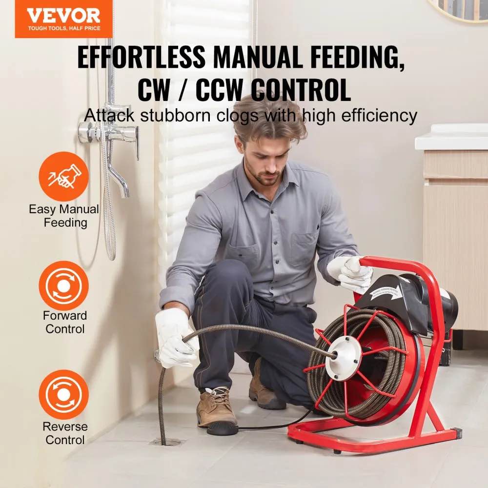 VEVOR Drain Cleaner Machine 50FT x 1/2 Inch, Sewer Snake Auger Manual Feed, 250W Electric Drain Cleaning Machine with 4 Cutters & Air-activated Foot Switch for 2" to 4" Pipes, Good condition partially rusted coil (Pictured)